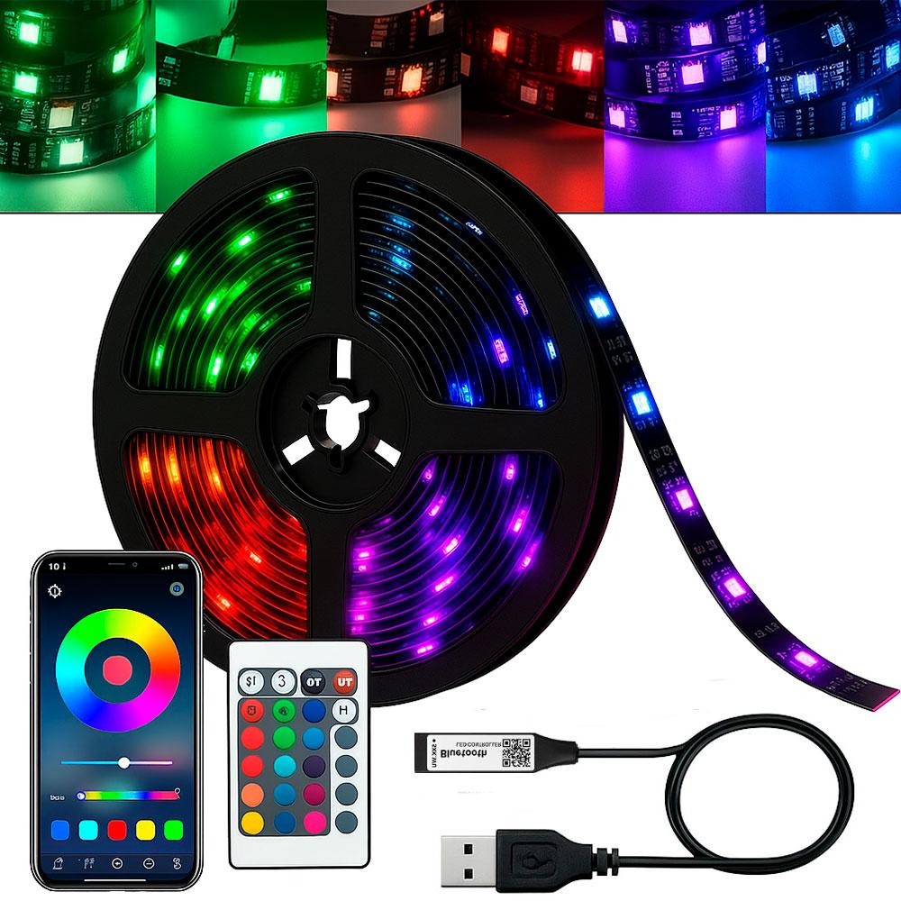 Світлодіодна стрічка 5 м, від USB, Bluetooth + пульт, Led mood lights / Розумна стрічка / RGB стрічка від павербанку
