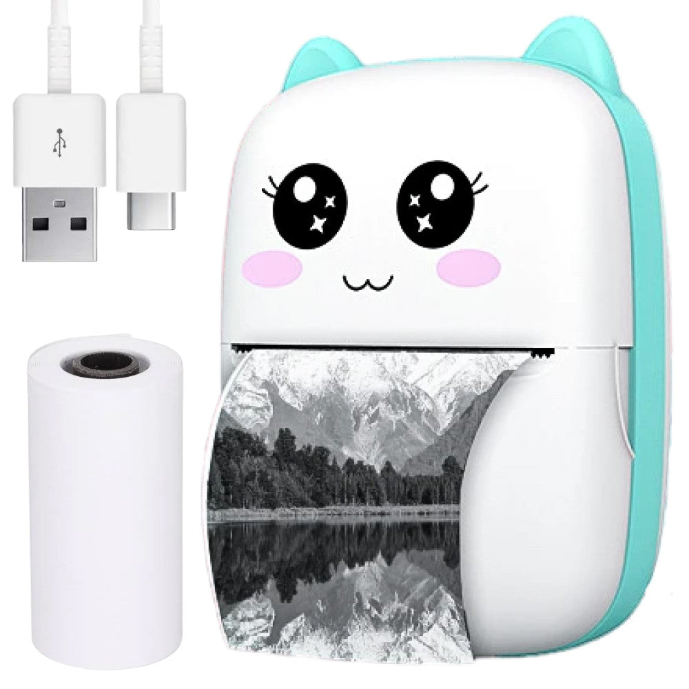 Міні принтер з Bluetooth + рулон термопаперу, Блакитний / Дитячий термопринтер / Фотопринтер портативний