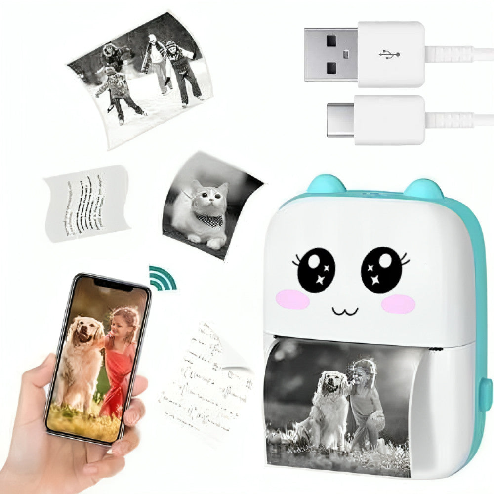 Міні принтер з Bluetooth + рулон термопаперу, Блакитний / Дитячий термопринтер / Фотопринтер портативний