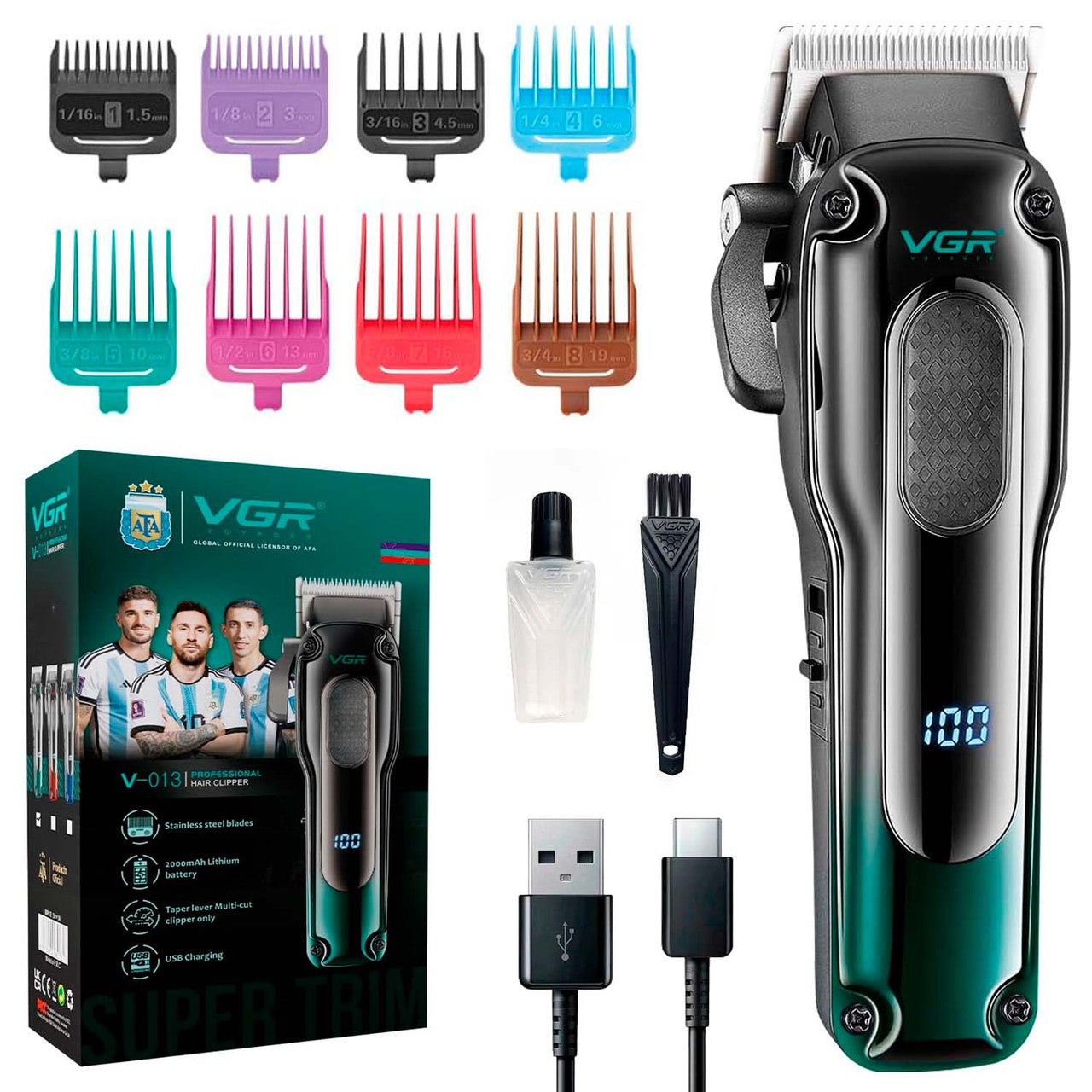 Акумуляторна машинка для стрижки VGR V-013 (8 насадок), USB, зелена / Тример для стрижки