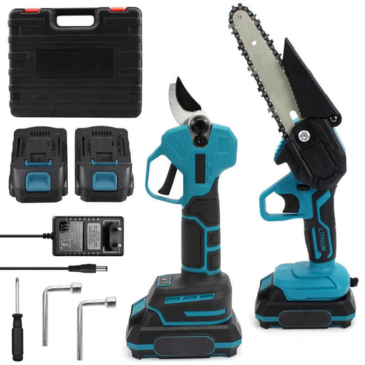 Універсальний комплект 2в1: Ланцюгова пила + Секатор акумуляторний, 2 АКБ 48V, в кейсі / Акумуляторна міні пила / Садовий секатор