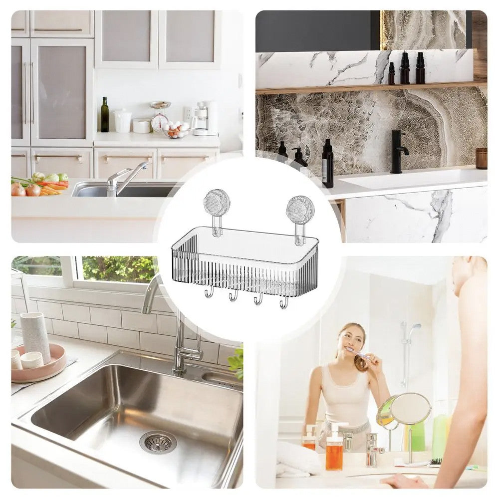 Полиця у ванну на присосках з гачками, 30х22х10,8 см / Настінна поличка органайзер для ванної