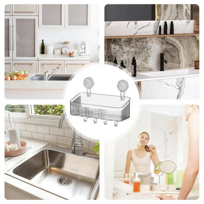 Полиця у ванну на присосках з гачками, 30х22х10,8 см / Настінна поличка органайзер для ванної