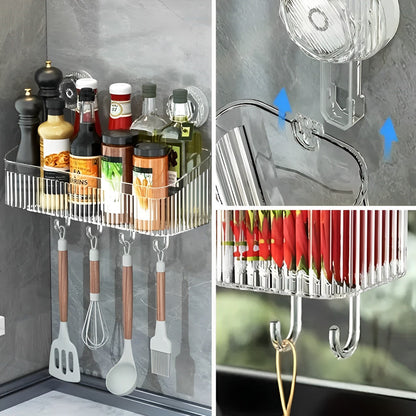 Полиця у ванну на присосках з гачками, 30х22х10,8 см / Настінна поличка органайзер для ванної