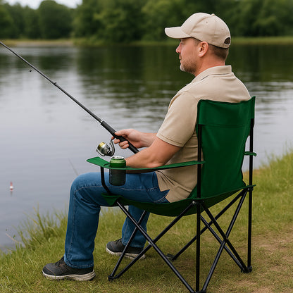 Складаний стілець зі спинкою, до 100 кг, в чохлі, 80х75х50 см, Темно зелений / Складне крісло для риболовлі / Туристичний стілець