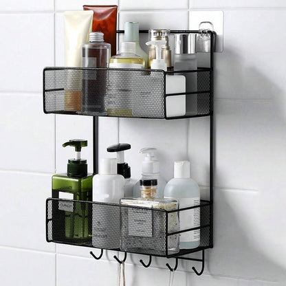 Настінна полиця для ванної кімнати 2-х ярусна 42,5 см, Чорна / Підвісний органайзер-кошик / Полиця на стіну