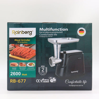 Електром'ясорубка 2600Вт, Rainberg RB-677, Чорна / Електрична м'ясорубка / Шнекова м'ясорубка