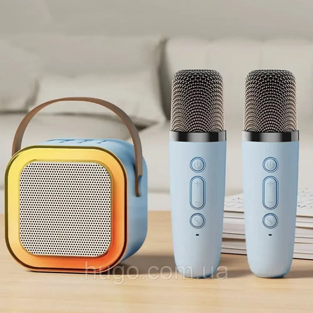 Портативна колонка-караоке з 2 мікрофонами К12, Блакитний / Бездротовий мікрофон з колонкою з підсвічуванням RGB