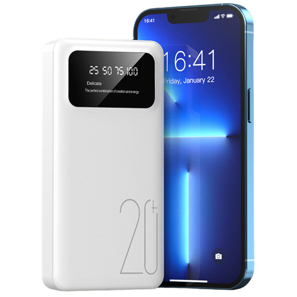 Повербанк на 20000 мАг з ліхтариком, 2хUSB, P-20, Білий / Power Bank / Павер банк зі швидкою зарядкою