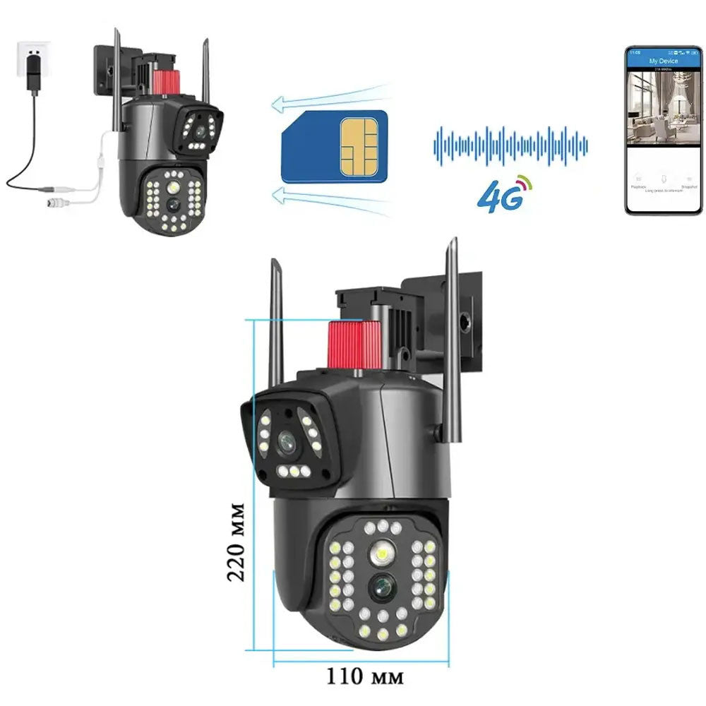 4G камера відеоспостереження вулична, на 2 об'єктиви / Охоронна поворотна IP камера під сім карту