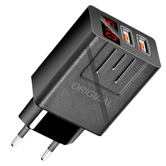 Зарядний пристрій адаптер на 2 USB та LED дисплеєм, 220В, QC03 5740, Чорний / Швидка зарядка для телефону