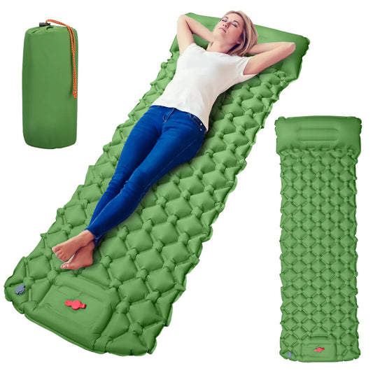 Надувний каремат з подушкою та вбудованим насосом, 225х70см, Зелений / Туристичний каремат / Надувний килимок