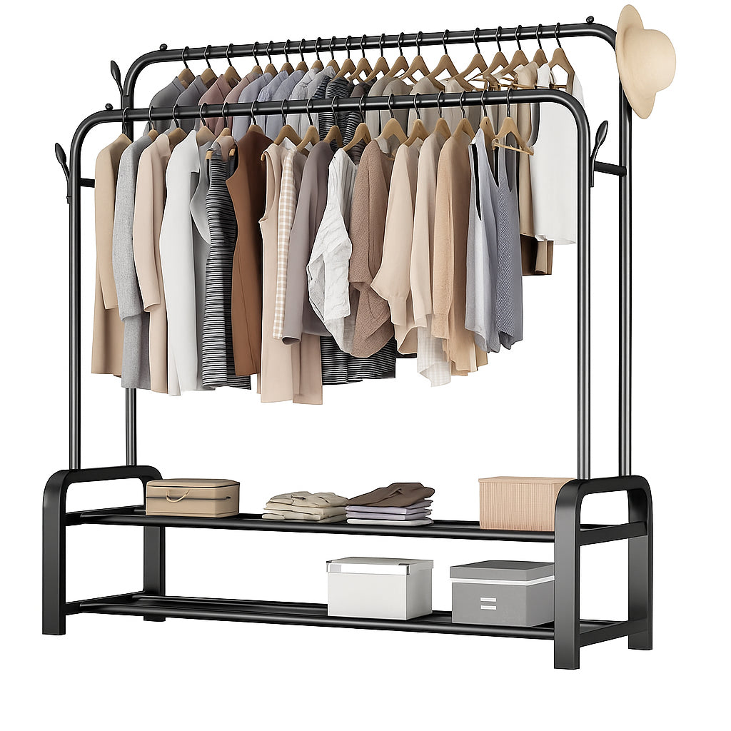 Подвійна вішалка для одягу + 2 полиці, 162х96х44см, до 40 кг / Підлогова стійка для одягу / Стійка-вішалка