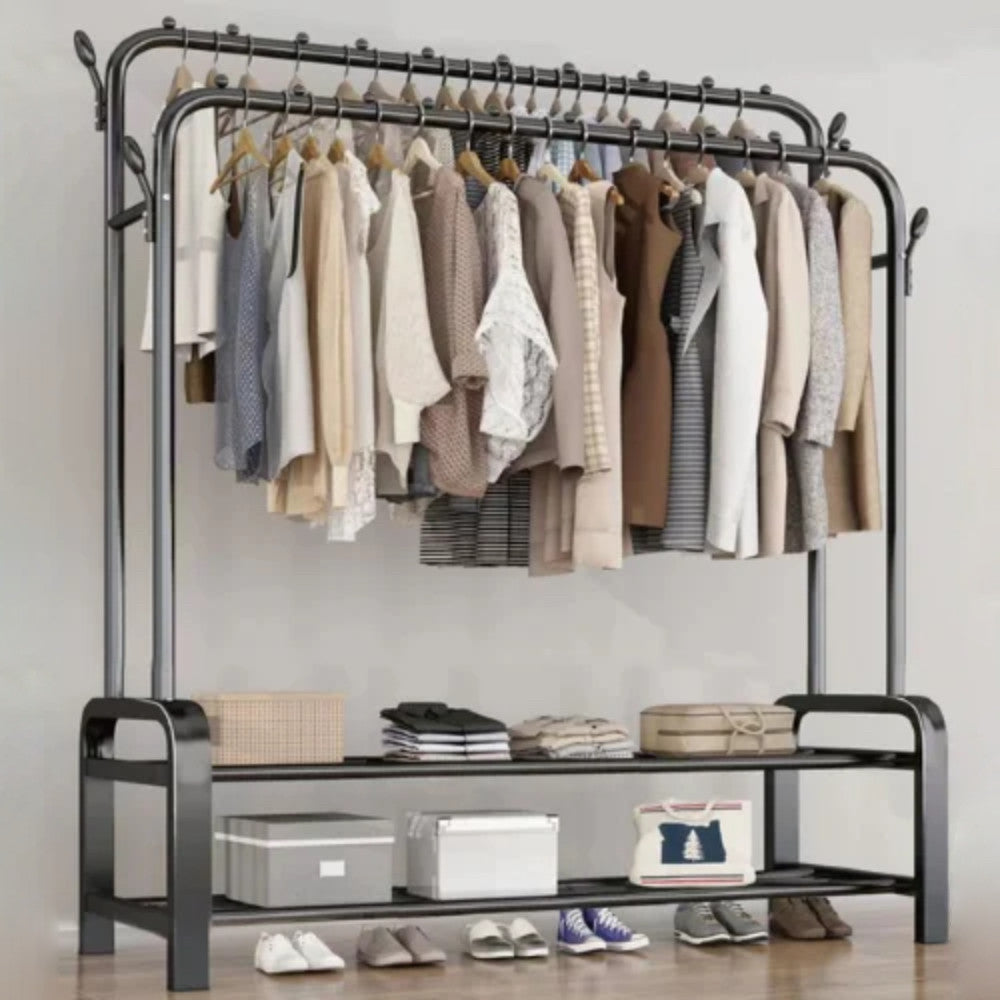 Подвійна вішалка для одягу + 2 полиці, 162х96х44см, до 40 кг / Підлогова стійка для одягу / Стійка-вішалка