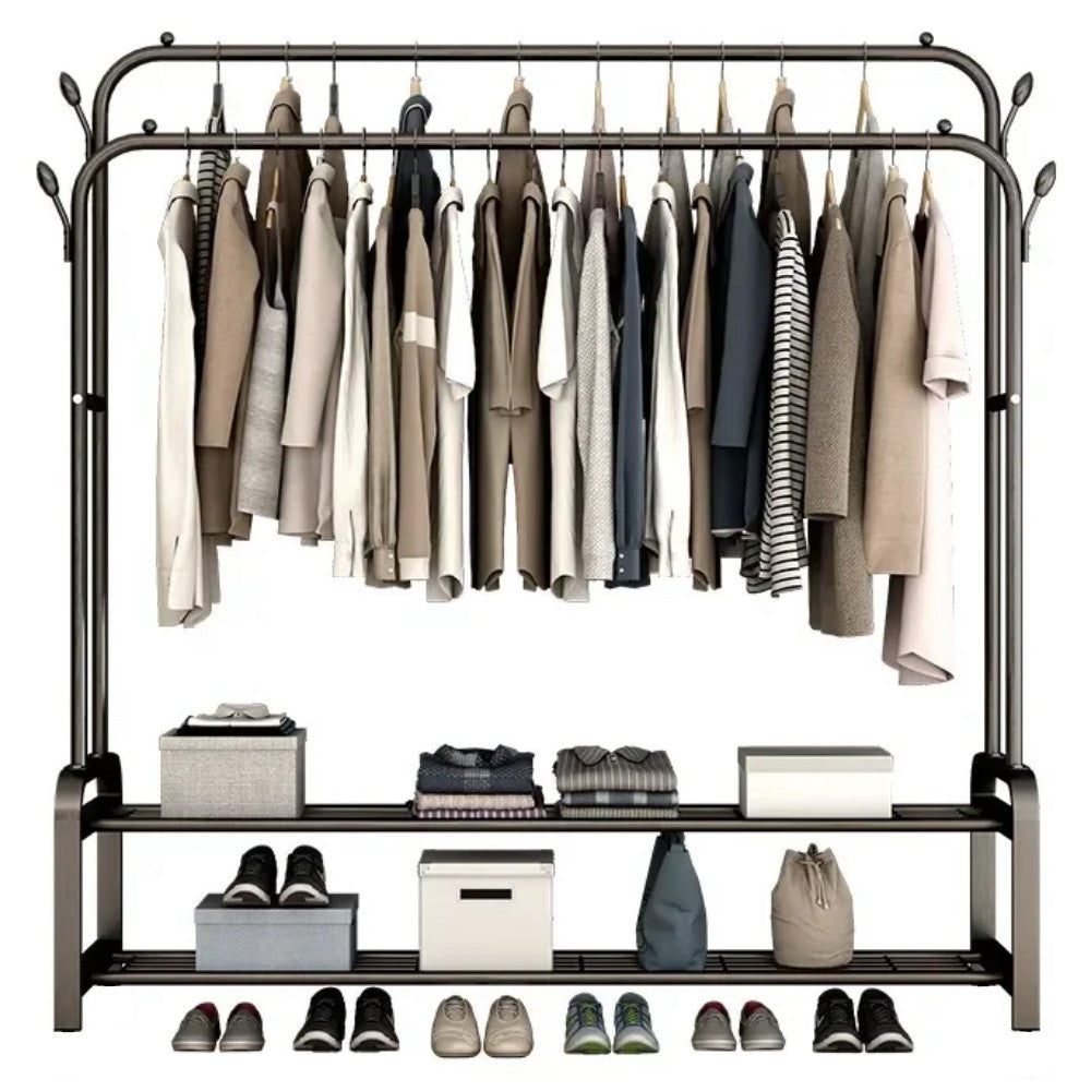 Подвійна вішалка для одягу + 2 полиці, 162х96х44см, до 40 кг / Підлогова стійка для одягу / Стійка-вішалка