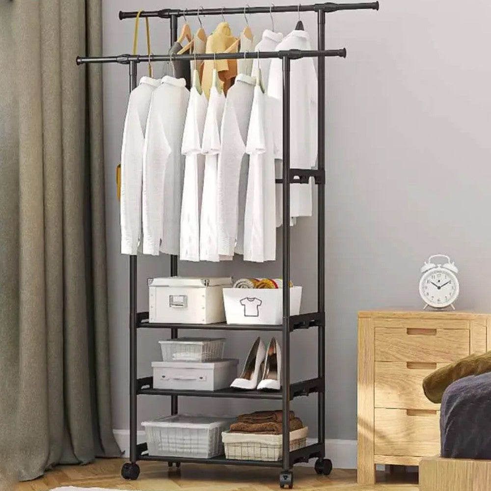 Подвійна вішалка для одягу на 3 полиці (98х58х164см) / Підлогова стійка для речей / Стійка-вішалка в передпокій