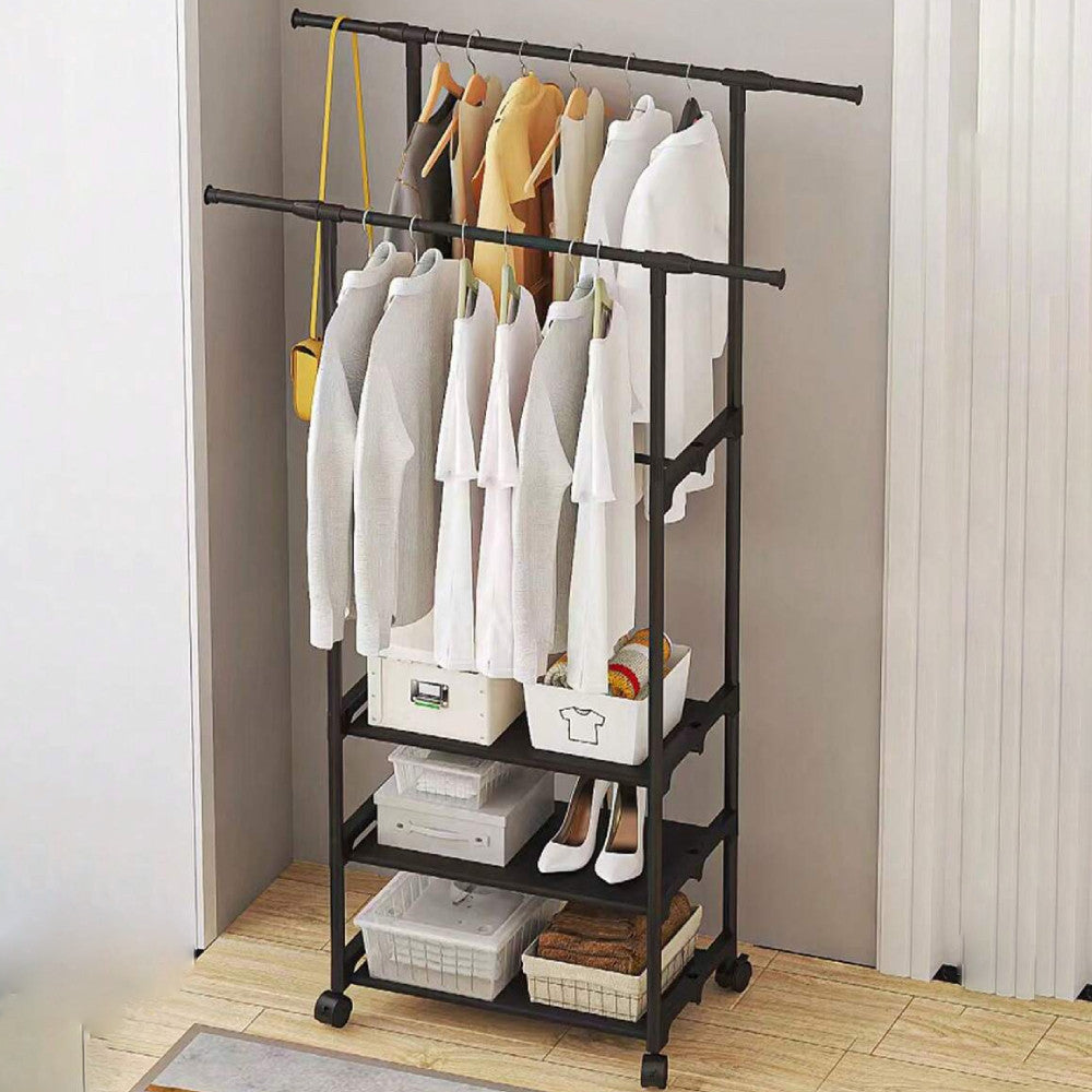 Подвійна вішалка для одягу на 3 полиці (98х58х164см) / Підлогова стійка для речей / Стійка-вішалка в передпокій