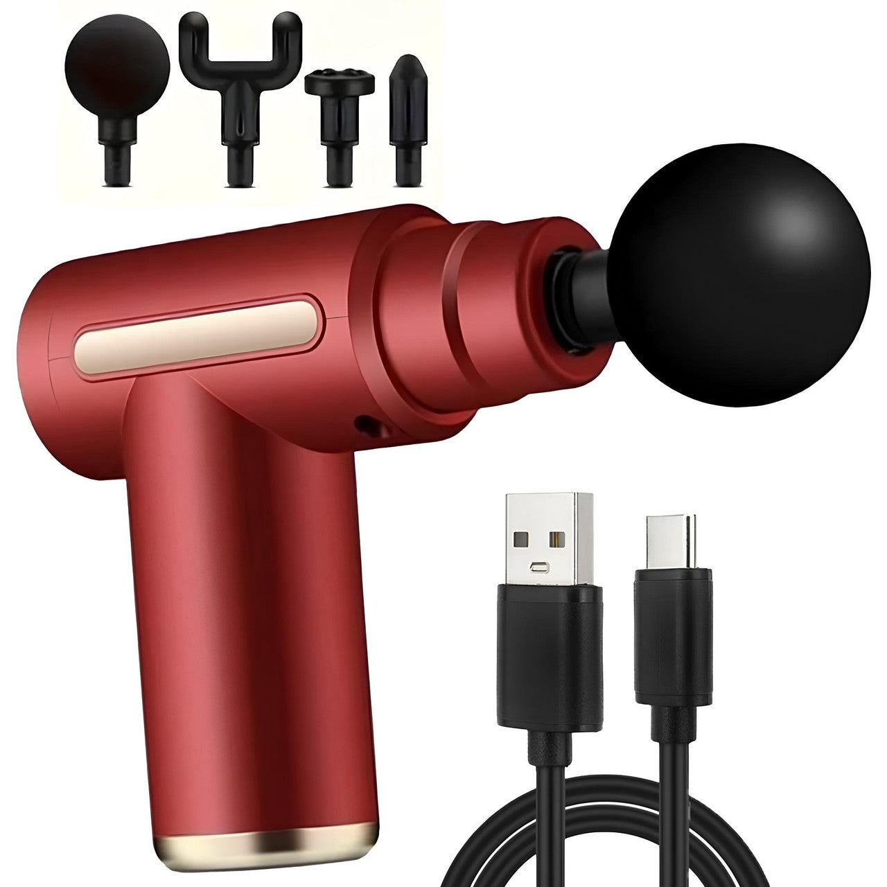 Ручний масажер перкусійний + 4 насадки, з USB, Gun Massager, Червоний / Портативний масажер / Вібромасажер для тіла