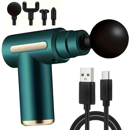 Ручний масажер перкусійний + 4 насадки, з USB, Gun Massager, Зелений / Портативний масажер / Вібромасажер для тіла