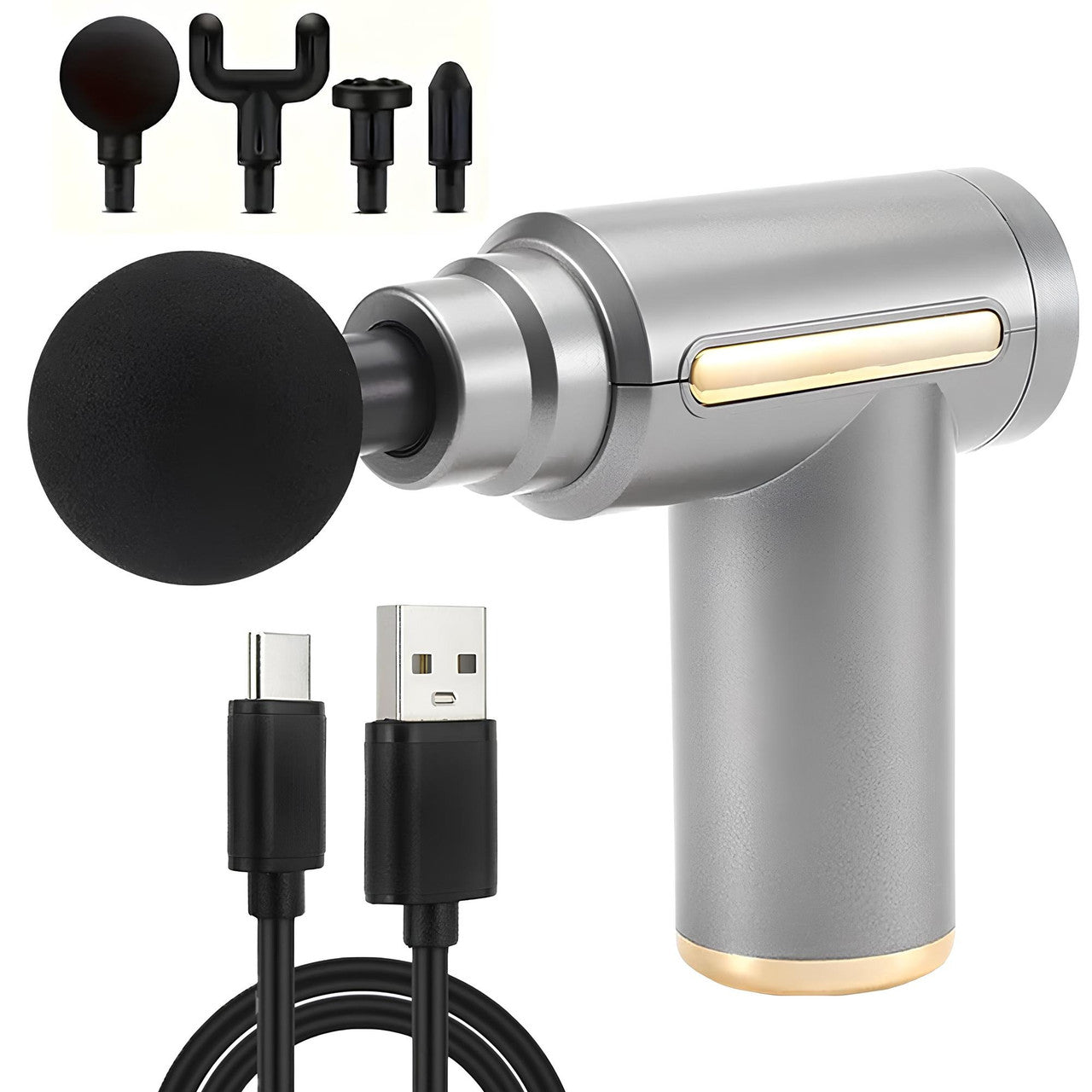 Ручний масажер перкусійний + 4 насадки, з USB, Gun Massager, Сірий / Портативний масажер / Вібромасажер для тіла