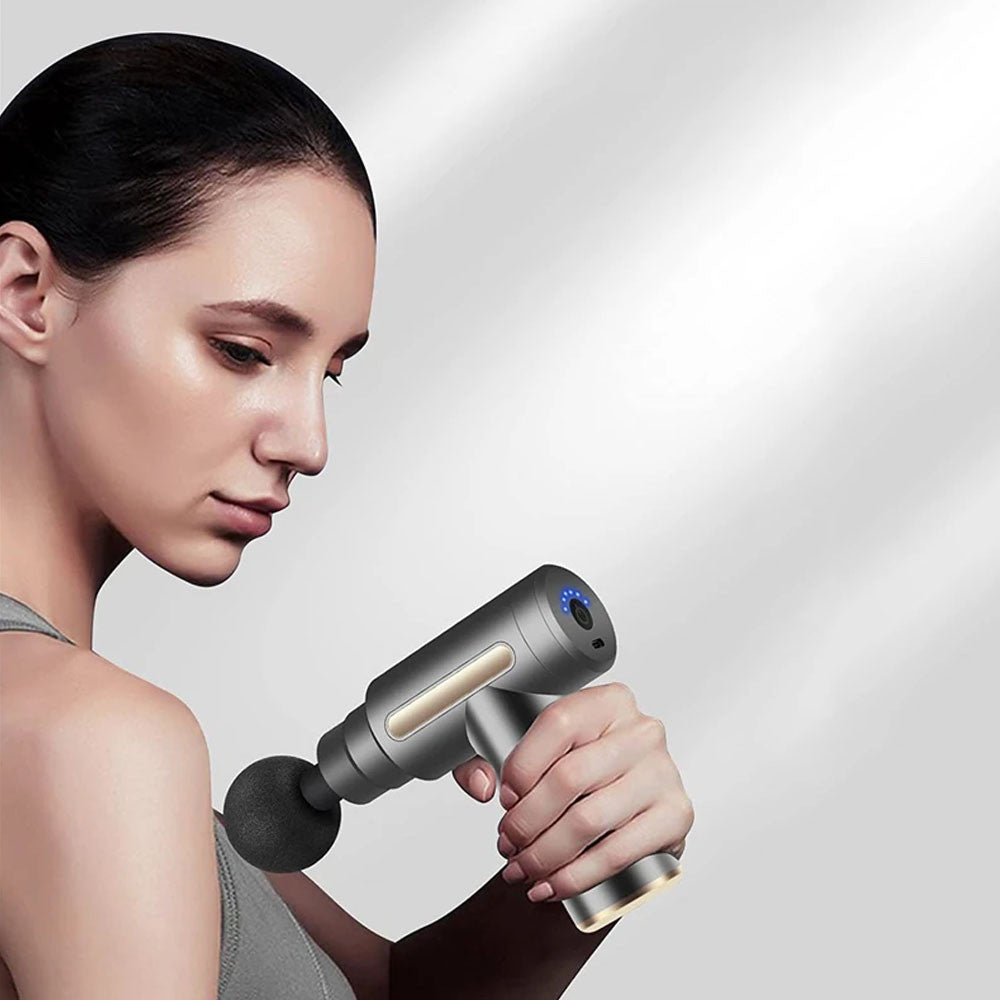 Ручний масажер перкусійний + 4 насадки, з USB, Gun Massager, Сірий / Портативний масажер / Вібромасажер для тіла