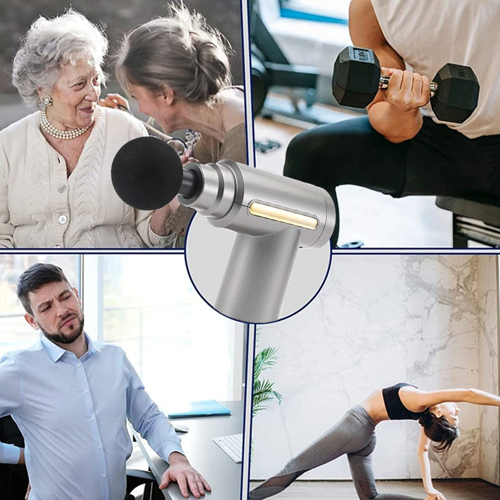 Ручний масажер перкусійний + 4 насадки, з USB, Gun Massager, Сірий / Портативний масажер / Вібромасажер для тіла