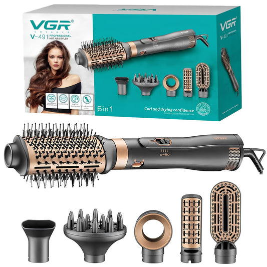 Фен стайлер для укладки волос 6в1, 1000Вт + 6 насадок, от сети, VGR V-491 / Фен-щетка для завивки волос