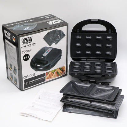 Сендвічниця 4в1 зі змінними формами, 2200Вт, OP-908 / Мультимейкер / Бутербродниця / Гриль електричний