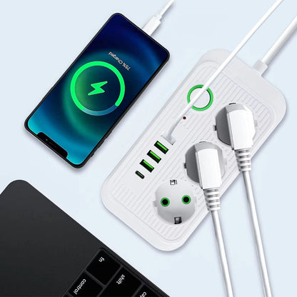 Мережевий фільтр 2м, 3 розетки, 4хUSB, 1хType-C, F09U, Білий / Мережевий подовжувач з usb / Переноска розетка