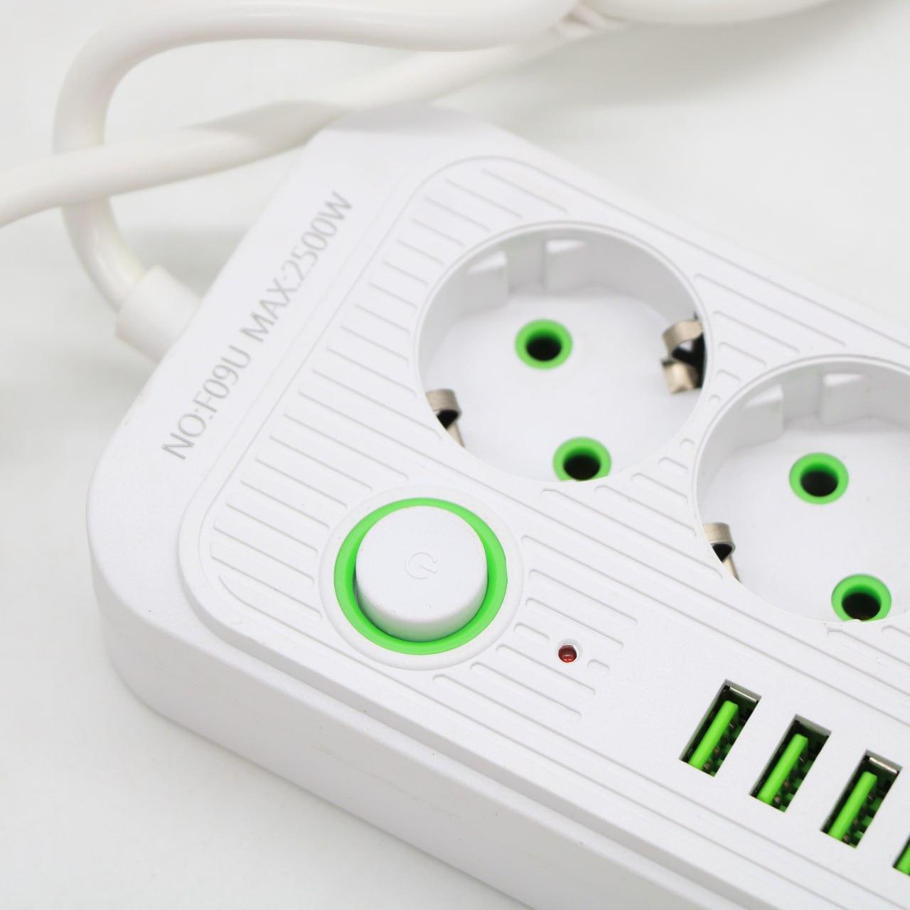 Мережевий фільтр 2м, 3 розетки, 4хUSB, 1хType-C, F09U, Білий / Мережевий подовжувач з usb / Переноска розетка