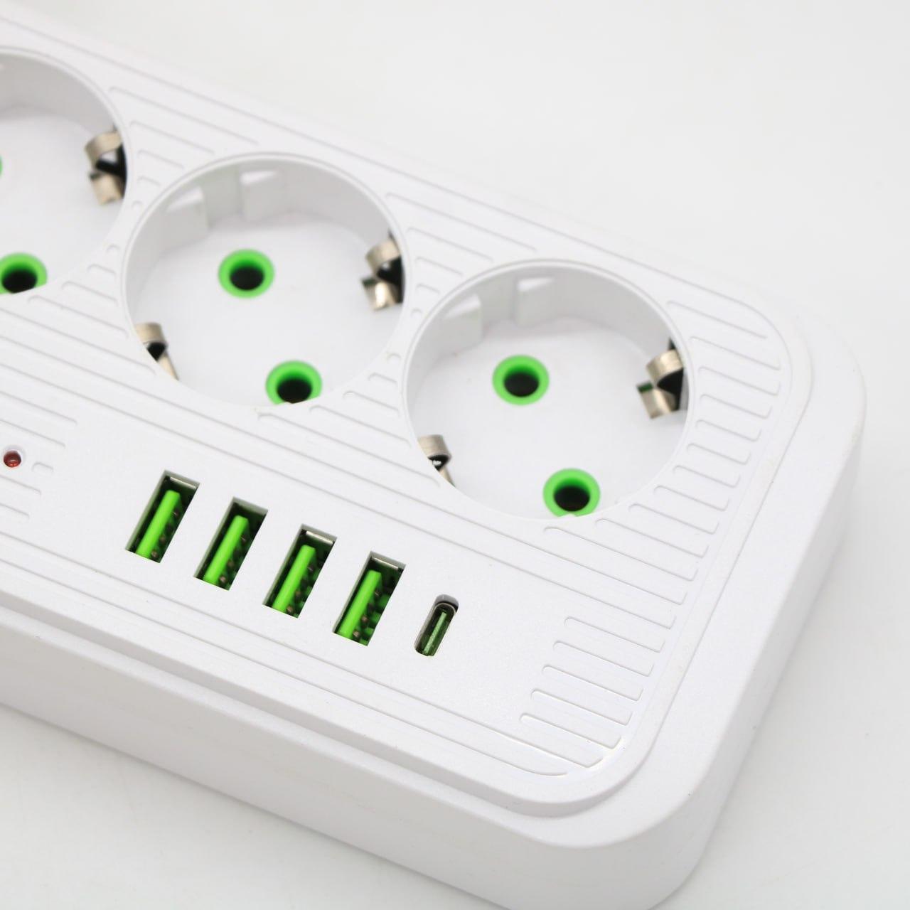 Мережевий фільтр 2м, 3 розетки, 4хUSB, 1хType-C, F09U, Білий / Мережевий подовжувач з usb / Переноска розетка