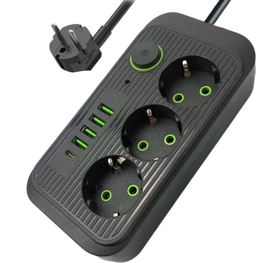 Мережевий фільтр 2м, 3 розетки, 4хUSB, 1хType-C, F09U, Чорний / Мережевий подовжувач з usb / Переноска розетка