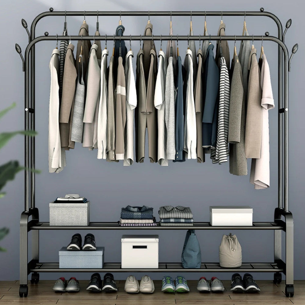 Подвійна вішалка для одягу на 2 полиці 150х110х57 см, YP-610 / Підлогова стійка для одягу та взуття