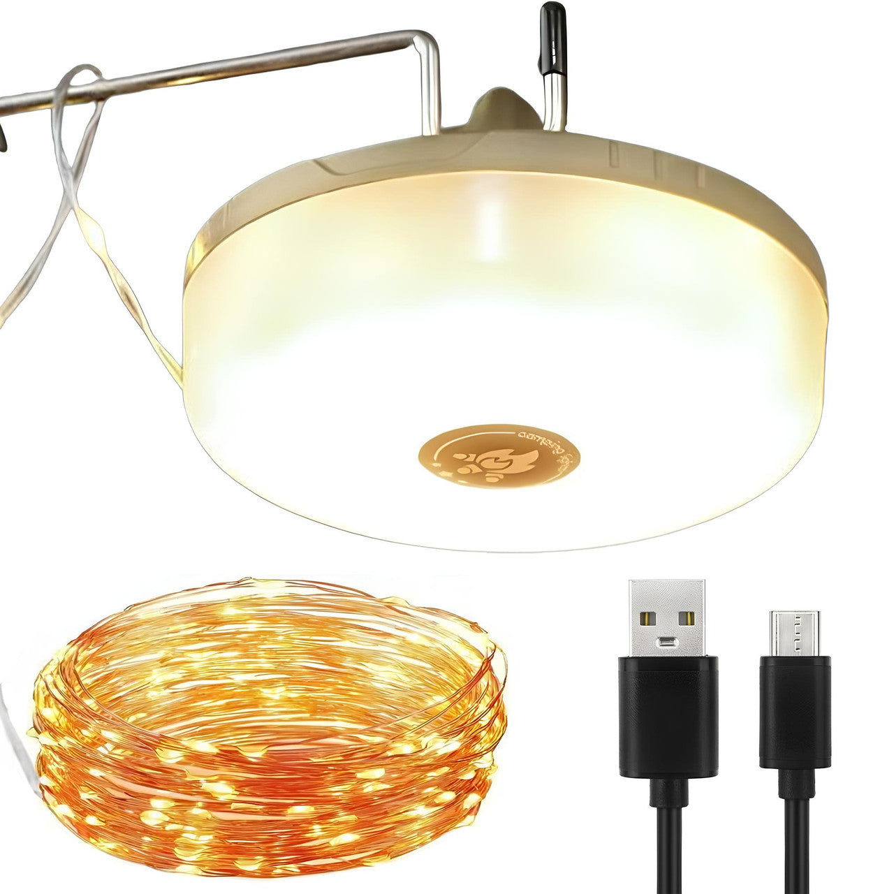 Кемпінговий ліхтар з LED гірляндою 10м, USB, Теплий білий + RGB / Светодиодная гирлянда / Ліхтар-лампа