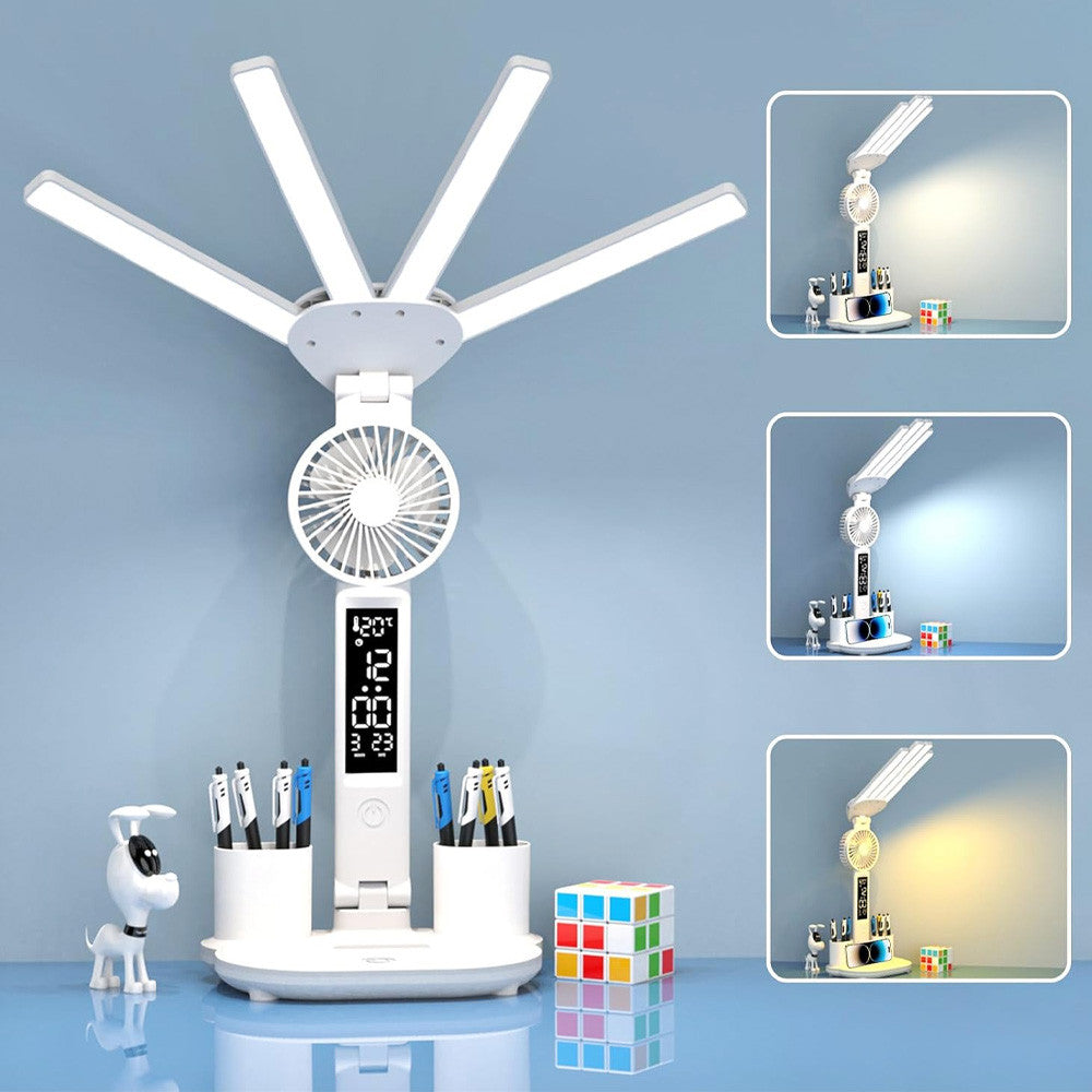 Настільна лампа-вентилятор 3в1 з акумулятором 3200мАч та USB-дисплеєм / Акумуляторна LED лампа-органайзер