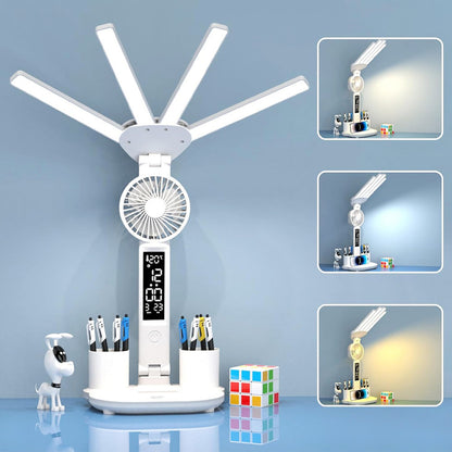 Настільна лампа-вентилятор 3в1 з акумулятором 3200мАч та USB-дисплеєм / Акумуляторна LED лампа-органайзер