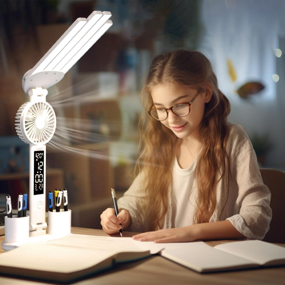 Настільна лампа-вентилятор 3в1 з акумулятором 3200мАч та USB-дисплеєм / Акумуляторна LED лампа-органайзер