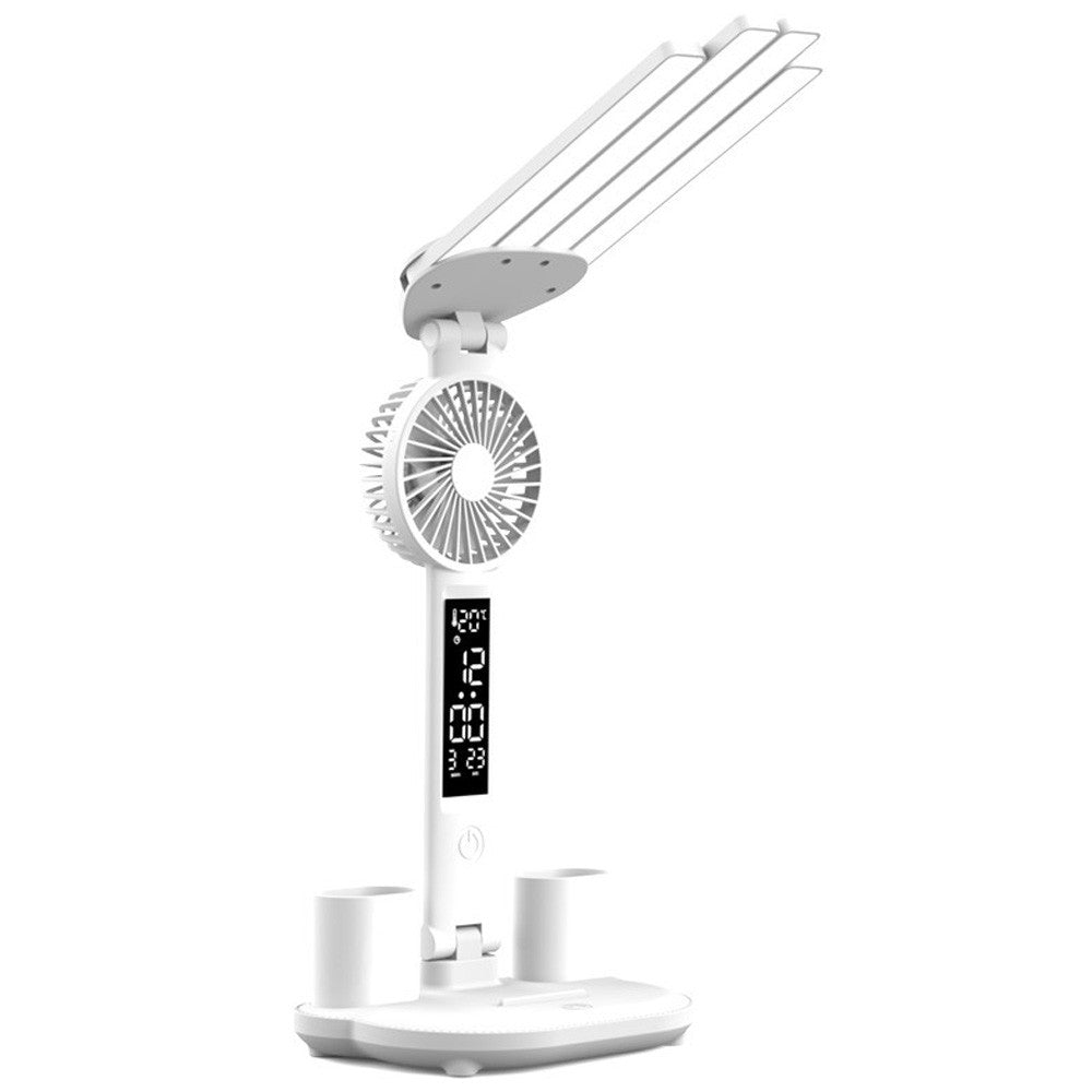 Настільна лампа-вентилятор 3в1 з акумулятором 3200мАч та USB-дисплеєм / Акумуляторна LED лампа-органайзер