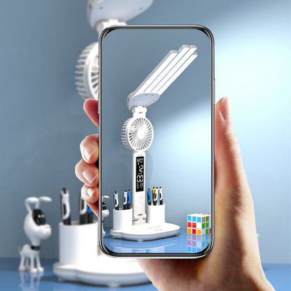 Настільна лампа-вентилятор 3в1 з акумулятором 3200мАч та USB-дисплеєм / Акумуляторна LED лампа-органайзер