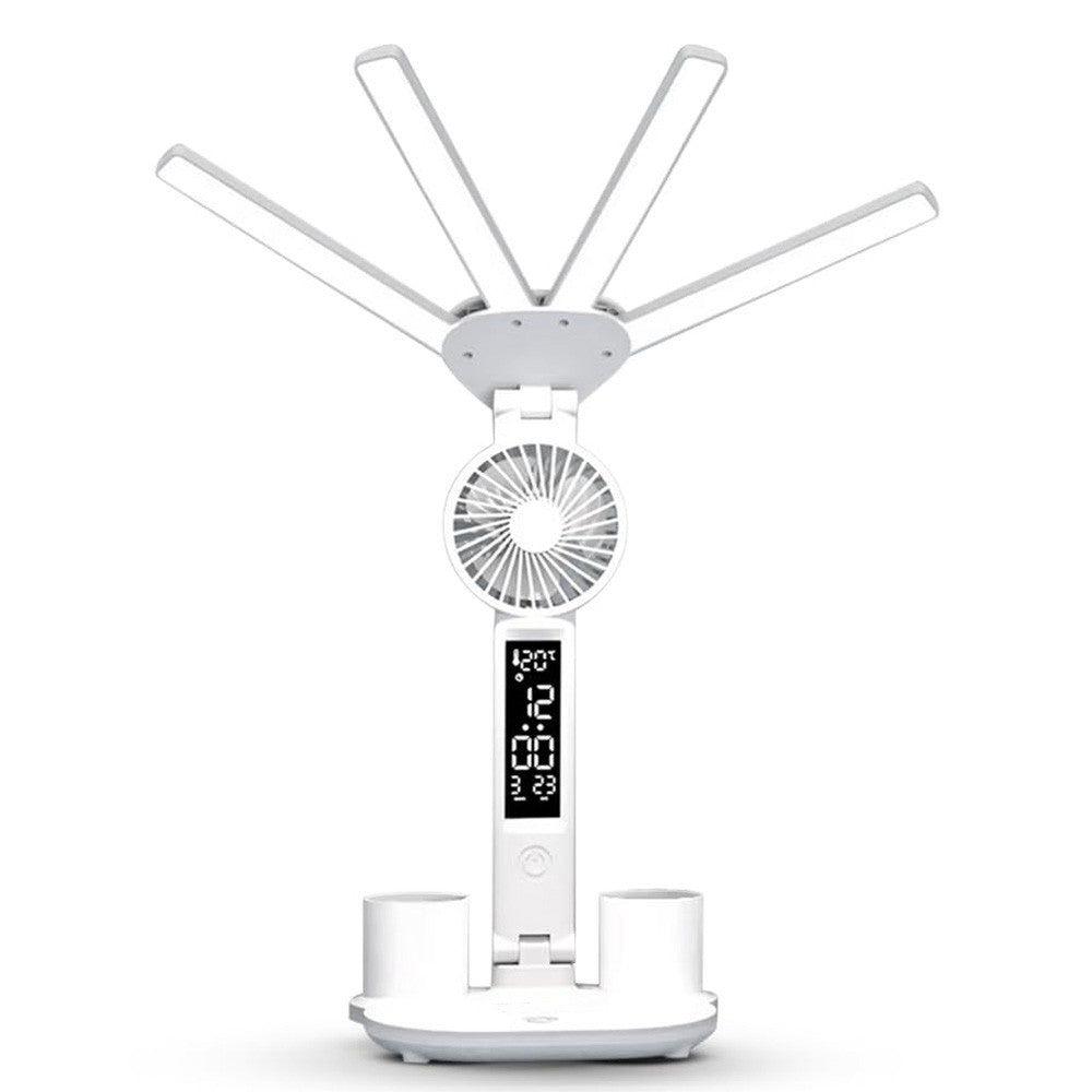 Настільна лампа-вентилятор 3в1 з акумулятором 3200мАч та USB-дисплеєм / Акумуляторна LED лампа-органайзер