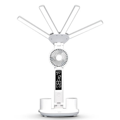 Настільна лампа-вентилятор 3в1 з акумулятором 3200мАч та USB-дисплеєм / Акумуляторна LED лампа-органайзер