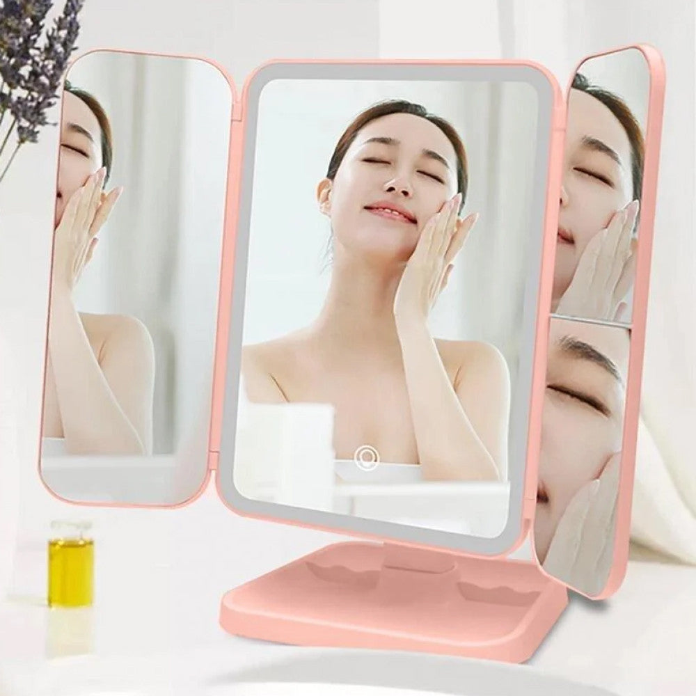 Косметичне дзеркало з LED підсвічуванням XW 810, з USB, Рожевий / Потрійне сенсорне дзеркало для макіяжу