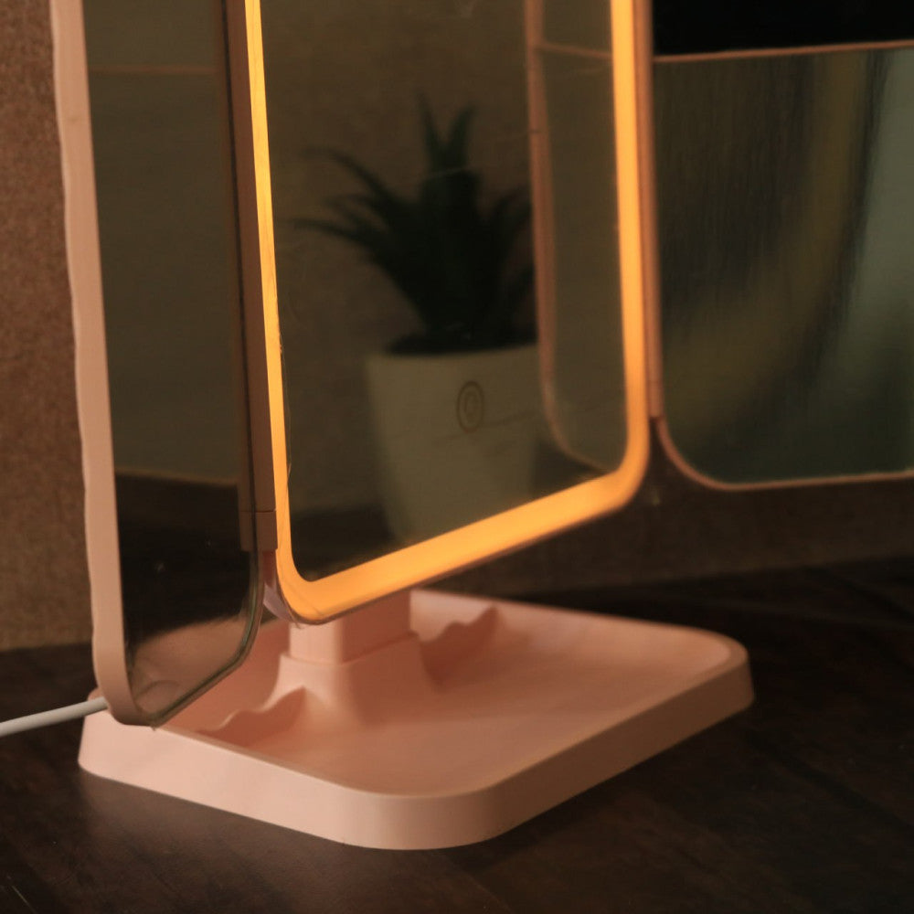 Косметичне дзеркало з LED підсвічуванням XW 810, з USB, Рожевий / Потрійне сенсорне дзеркало для макіяжу
