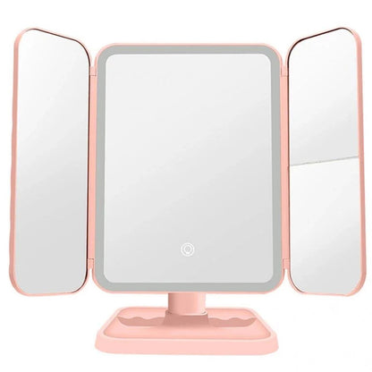 Косметичне дзеркало з LED підсвічуванням XW 810, з USB, Рожевий / Потрійне сенсорне дзеркало для макіяжу