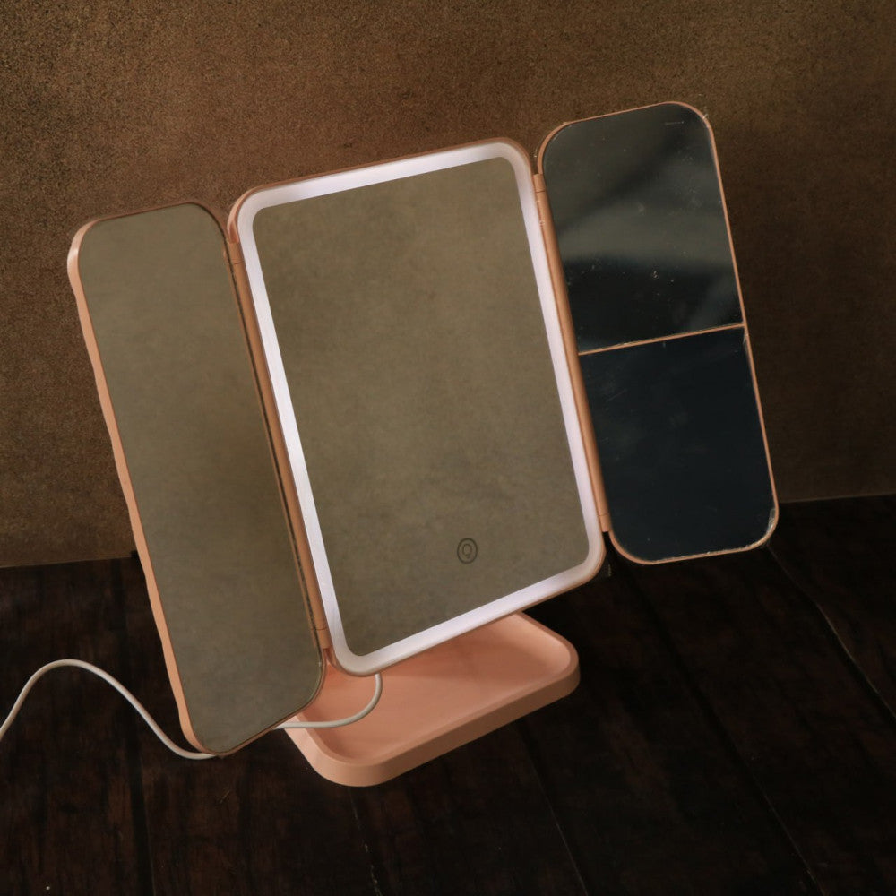 Косметичне дзеркало з LED підсвічуванням XW 810, з USB, Рожевий / Потрійне сенсорне дзеркало для макіяжу