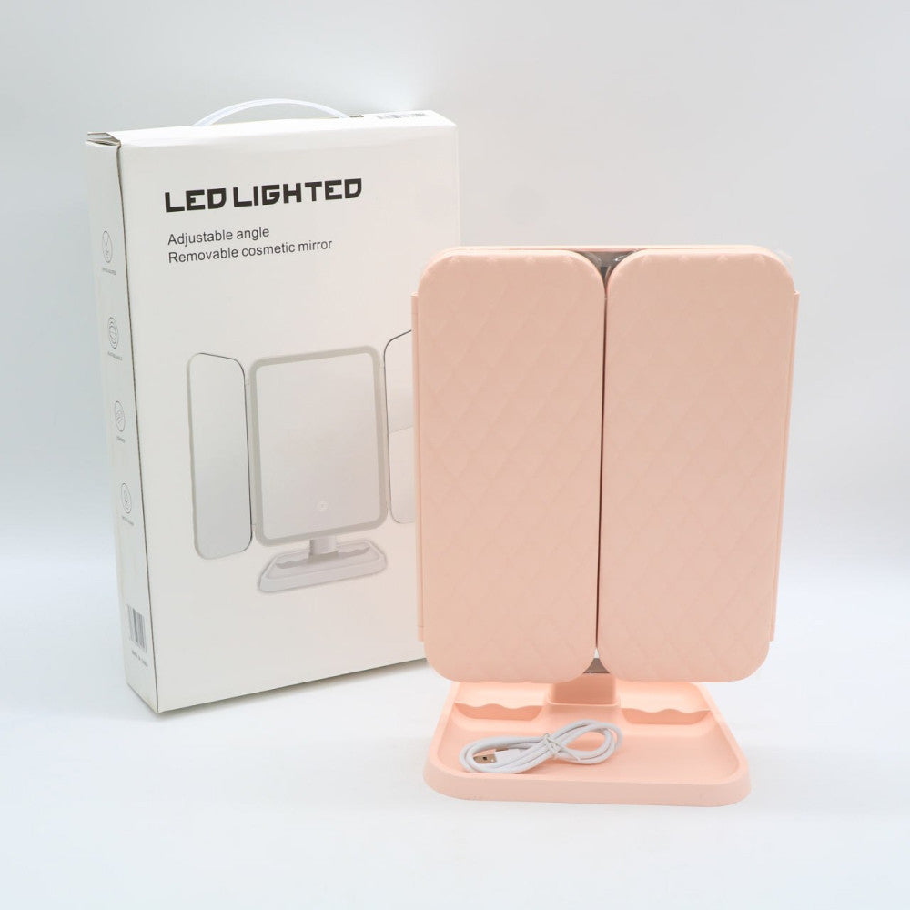 Косметичне дзеркало з LED підсвічуванням XW 810, з USB, Рожевий / Потрійне сенсорне дзеркало для макіяжу