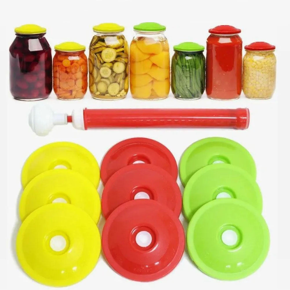 Вакуумні кришки для консервації 9шт + насос / Набір для консервації / Вакуумна система / Кришки вакуумні