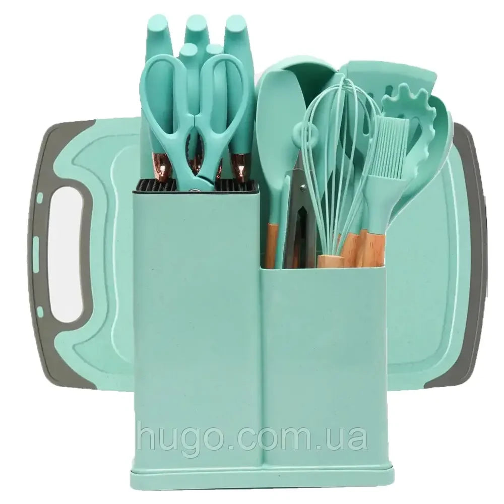 Набір кухонного приладдя, 19 предметів Kitchen Set, Бірюзовий / Силіконовий набір для кухні
