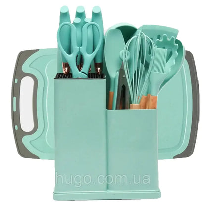 Набір кухонного приладдя, 19 предметів Kitchen Set, Бірюзовий / Силіконовий набір для кухні