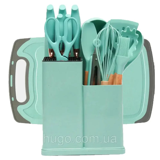 Набір кухонного приладдя, 19 предметів Kitchen Set, Бірюзовий / Силіконовий набір для кухні